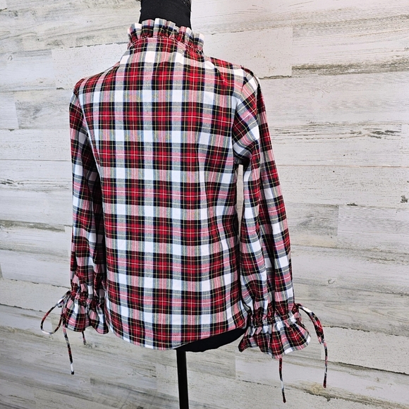 Victoria Dunn Women Plaid Ruffle Drawstring Top Small Red Preppy Coastal Cottage - Picture 6 of 15